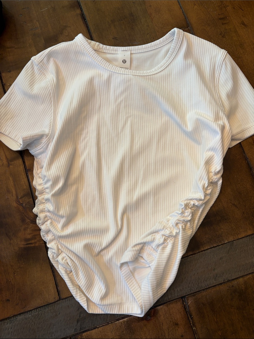 lululemon athletica White Ribbed Short Sleeve Bodysuit with Side Ruching